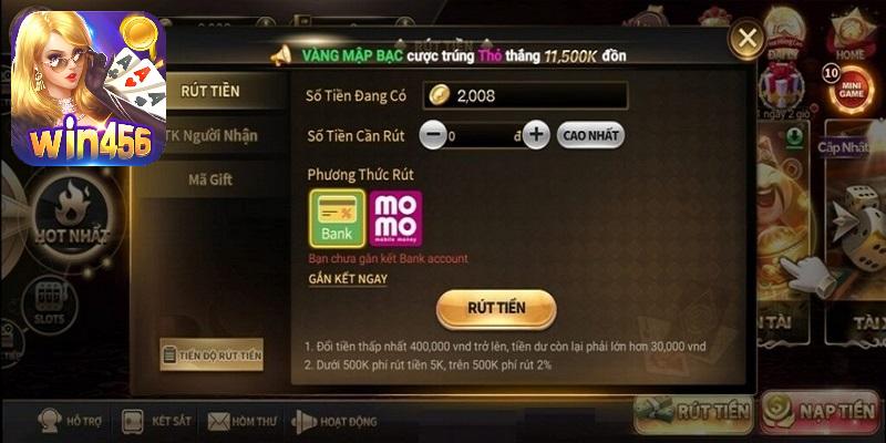 Thao tác các bước để thực hiện rút tiền ở WIN456